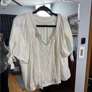 Lucky Brand Cream Embroidered Peasant Top